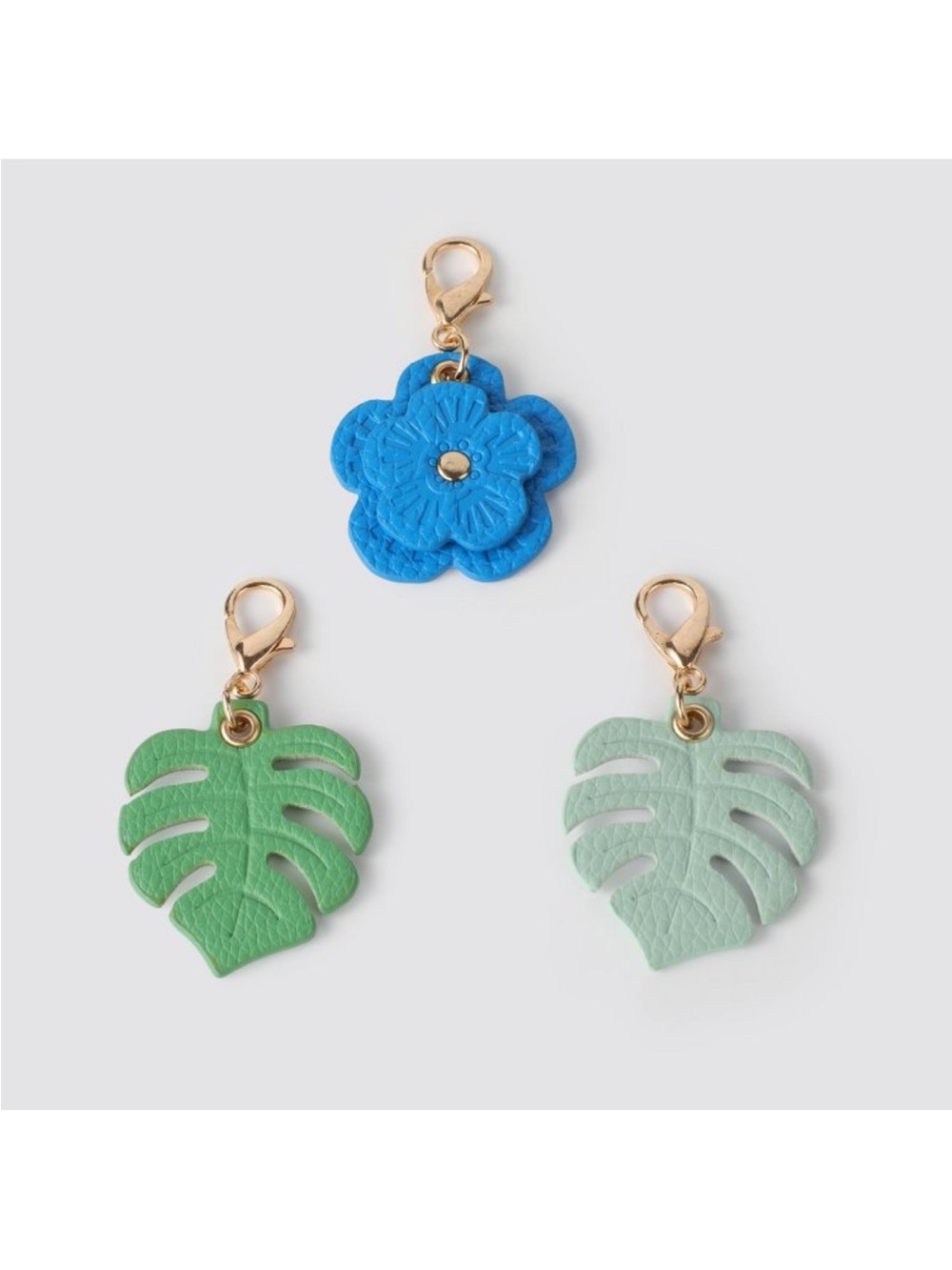NIB Blue Flower and Green Leaf Leather Charm 3 pc Set